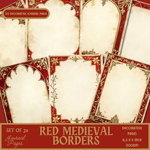 Könnte beinhalten: Eine Sammlung dekorativer Journalseiten mit roten mittelalterlichen Bordüren. Die Seiten haben verzierte Gold- und Rotdesigns mit dem Text "Red Medieval Borders" und "30 Decorative Journal Pages". Jede Seite ist 21,6 x 27,9 cm groß.