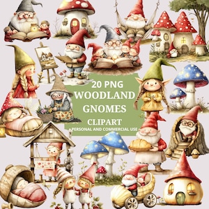 Conjunto de imágenes prediseñadas de gnomos del bosque (PNG) | 15 ilustraciones de gnomos, 3 casas de gnomos y 2 hongos | Duende del bosque (PNG) 300 DPI 3000x3000