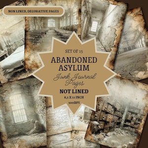 Peut inclure: Un ensemble de 15 pages de journal de récupération "Abandoned Asylum". Les pages ne sont pas lignées et mesurent 21,6 x 27,9 cm. L'image présente un collage d'images sépia délavées d'un asile abandonné.
