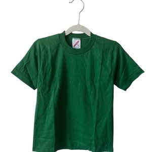 May include: A green short-sleeved t-shirt with a small red tag that says "JERZEES" on it.