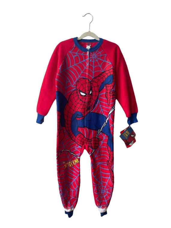 Vintage Spiderman One piece Zip up Pajamas Youth Size 8 Deadstock