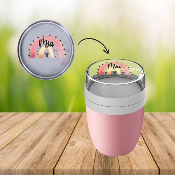 Müslibecher Lunchpot Ellipse in Nordic Pink mit Name und Regenbogen Watercolor