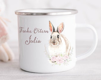 Emailletasse Kaffeebecher Tee Tasse  Becher mit Hase personalisiert mit Namen