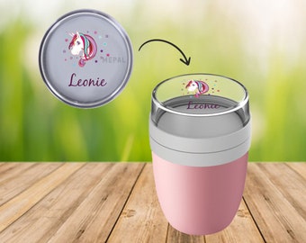 Müslibecher Lunchpot Ellipse in Nordic Pink mit Name und Einhorn Beauty