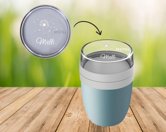 Cereal cup Lunchpot Ellipse in Nordic Green with name and dandelion