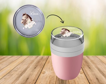 Müslibecher Lunchpot Ellipse in Nordic Pink mit Name und Pferdekopf Rosen