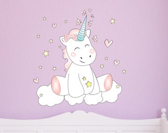 Sticker mural pour chambre d'enfant Licorne mignonne avec des étoiles lumineuses