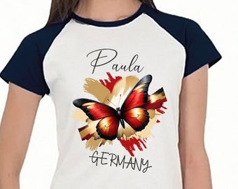 EM 2024 T-Shirt für Damen mit Motiv Schmetterling Germany personalisiert mit Name