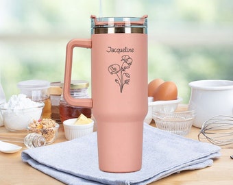 Personalized stainless steel thermo mug in various colors with straw 1.2 liters with birth flower