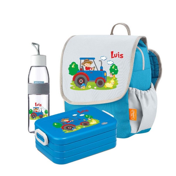 Backpack Happy Knirps NEXT with lunch box in aqua & drinking bottle Ellipse in blue gray with name and tractor farm motif