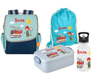 Set 5 Rucksack Happy Knirps NEXT mit Brotdose, Jutebeutel & Edelstahl Trinkflasche in Blau mit Name und Motiv Feuerwehr