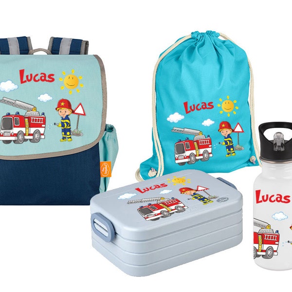 Set 5 sac à dos Happy Knirps NEXT avec boîte à lunch, sac en jute et gourde en acier inoxydable en bleu avec nom et motif pompiers