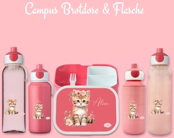 Lunchbox Campus Bento box en drinkfles in roze met naam en motief kat met bloemen