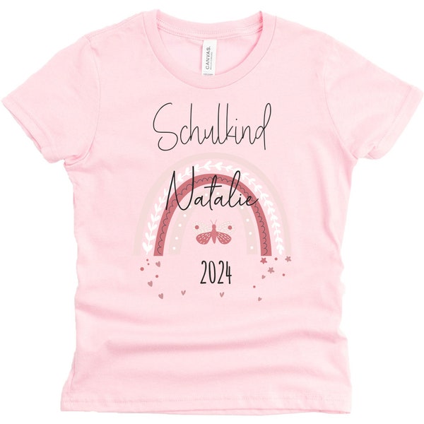 T-Shirt Schulkind in rosa mit Name und Motiv Regenbogen Schmetterling