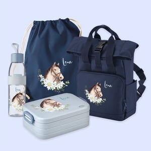 Set backpack roll-top with bento lunch box, jute bag & drinking bottle Ellipse in Navy Dusk with name and horse head flowers motif