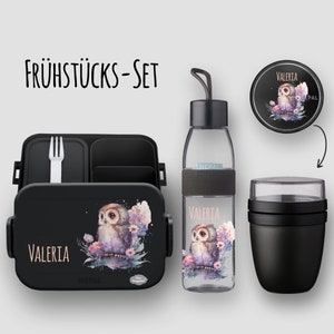 BENTO BOX lunch box Take A Break - drinking bottle Ellipse - cereal cup in Nordic black with name and motif owl watercolor