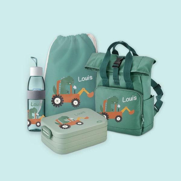 Set Rucksack Roll-Top mit Bento Brotdose, Jutebeutel & Trinkflasche Ellipse in Sage Green mit Name und Motiv Dino im Trecker