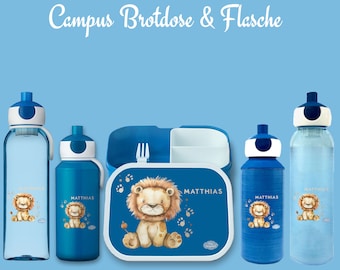 Brotdose Campus Bento Box und Trinkflasche in blau mit Name und Motiv Löwe mit Tatzen