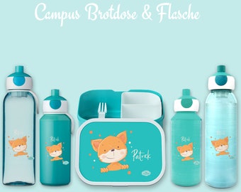 Brotdose Campus Bento Box und Trinkflasche in türkis mit Name und Motiv Fuchs mit Punkten