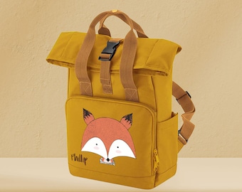 Sac à dos enfant roll-top recyclé moutarde avec nom et motif renard tête de renard