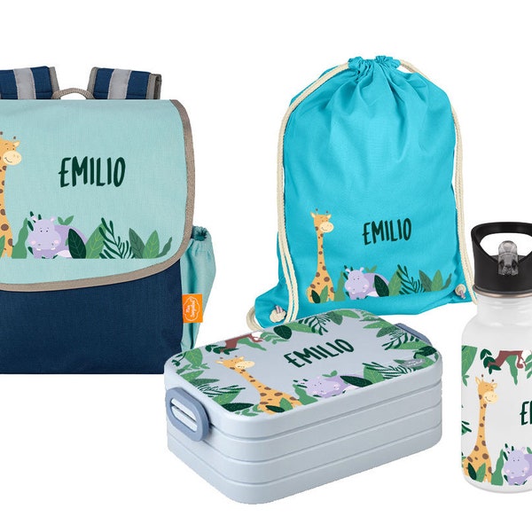 Set 5 backpack Happy Knirps NEXT with lunch box, jute bag & stainless steel drinking bottle in blue with name and motif giraffe and hippopotamus