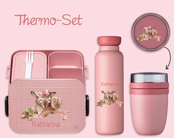 BENTO BOX Brotdose Take A Break + Thermoflasche Ellipse + Thermo-Lunchpot in Nordic Pink mit Name und Reh Watercolor