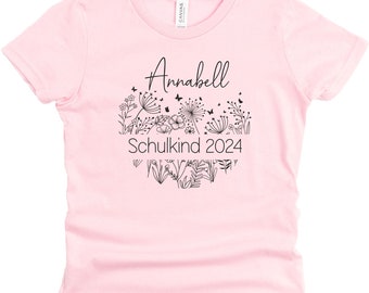 T-shirt écolier rose avec nom et motif fleurs noir