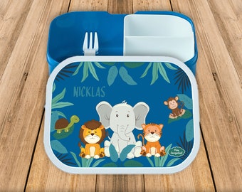 Lunch box Campus Bento Box Mepal in blue with name and motif lion elephant tiger