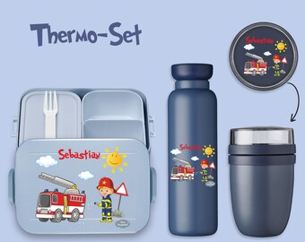 BENTO BOX Brotdose Take A Break + Thermoflasche Ellipse + Thermo-Lunchpot in Nordic Denim mit Name und Feuerwehr