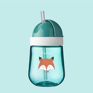 Straw cup Mio Mepal children's cup drinking cup in turquoise with name and fox head motif