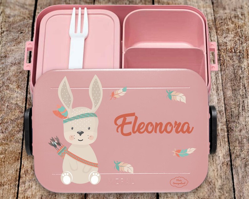 BENTO BOX Brotdose Take A Break Thermoflasche Ellipse Thermo-Lunchpot in Nordic Pink mit Name und Boho Häschen Bento Brotdose