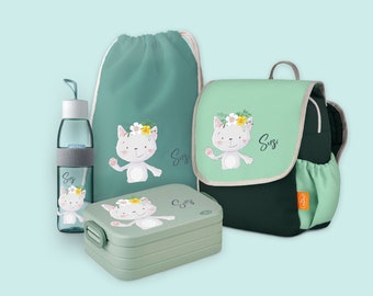 Set backpack Happy Knirps with Bento lunch box, jute bag & drinking bottle Ellipse in Sage Green with name and motif cat with flower wreath