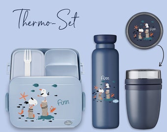 BENTO BOX Brotdose Take A Break + Thermoflasche Ellipse + Thermo-Lunchpot in Nordic Denim mit Name Leuchtturm mit Möwe