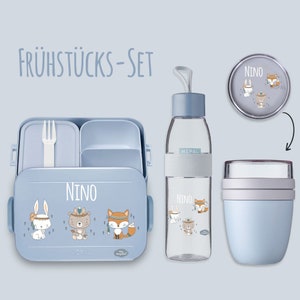 BENTO BOX Take A Break lunch box - Ellipse drinking bottle (for carbonated drinks) - Nordic blue cereal cup with boho rabbit bear fox