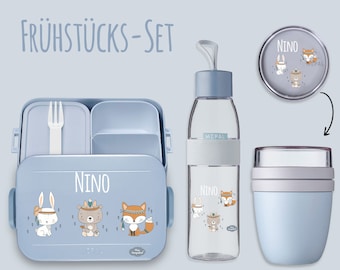 BENTO BOX Boîte à lunch Take A Break - Gourde Ellipse (pour boissons gazeuses) - Tasse à céréales bleu nordique avec lapin ours renard bohème