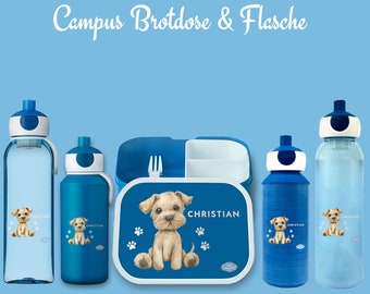 Brotdose Campus Bento Box und Trinkflasche in blau mit Name und Motiv Hund