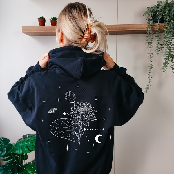 Hoodie Schwarzer Kapuzenpulli mit Geburtsblume und Sternzeichen Känguru-Tasche, Tunnelzug Sweatshirt Pullover in Schwarz