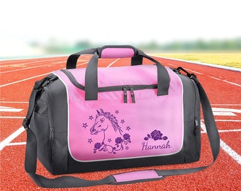 Sports bag 38 liters in pink with name and horse head