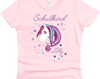 Schoolchild T-shirt in pink with name and motif Unicorn Beauty