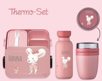 BENTO BOX Brotdose Take A Break + Thermoflasche Ellipse + Thermo-Lunchpot in Nordic Pink mit Name und Maus mit Pilz