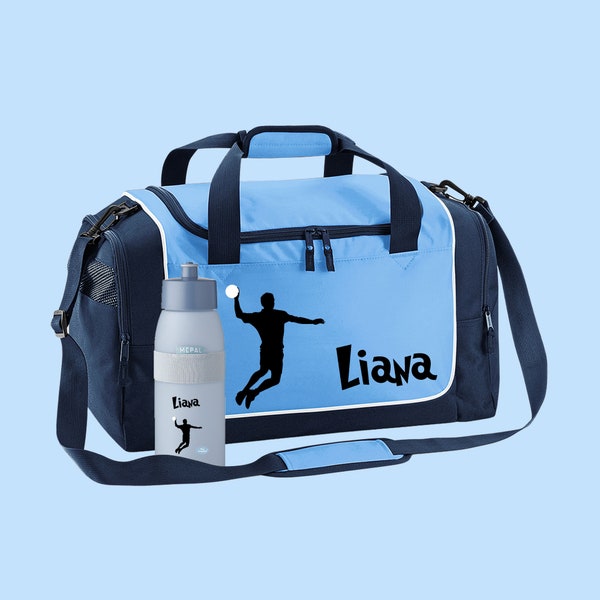 Sporttasche 38 Liter in Sky Blue mit Namen und Motiv Handball