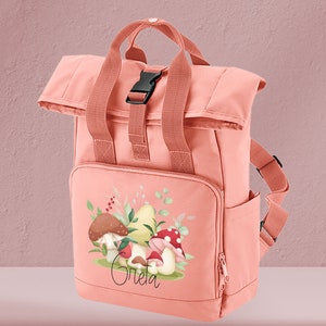 Children's backpack roll-top recycled blush pink with name and motif mushrooms