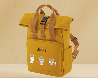 Kinderrucksack Roll-Top Recycled Mustard mit Name und Motiv Boho Hase Bär Fuchs