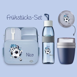 Bento lunch box Take A Break - Ellipse drinking bottle - cereal cup in Nordic denim with Soccer City