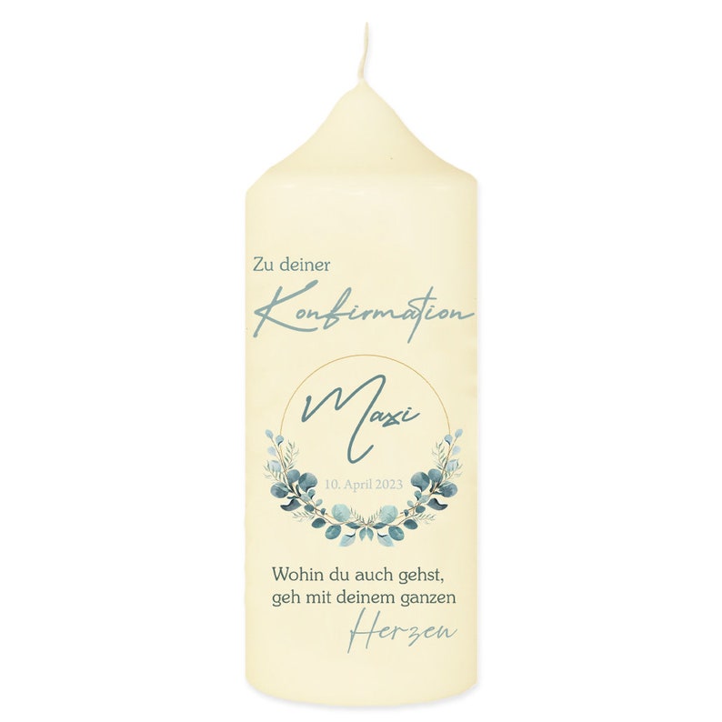 Bougie de baptême en cire pour communion, confirmation, consécration de la jeunesse avec nom, date et motif eucalyptus Beige