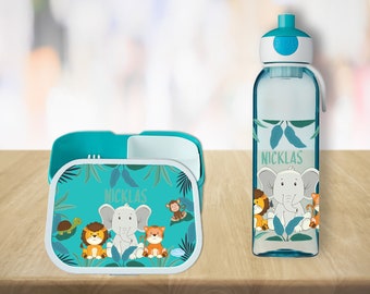 Brotdose Campus Bento Box Trinkflasche Wasserflasche in Türkis mit Name und Motiv Löwe Elefant Tiger