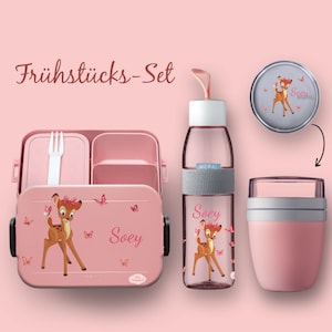 BENTO lunch box Take A Break drinking bottle Ellipse (for carbonated drinks) + cereal cup in Nordic pink with deer with butterflies