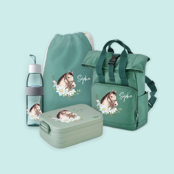 Set backpack roll-top with bento lunch box, jute bag & drinking bottle Ellipse in Sage Green with name and horse head motif with flowers