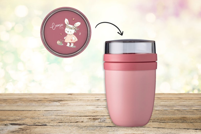 BENTO BOX Brotdose Take A Break Thermoflasche Ellipse Thermo-Lunchpot in Nordic Pink mit Name und Hase mit Schnecke ThermoLunchpot 500ml