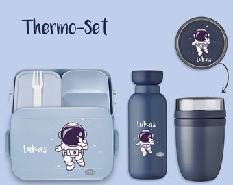 BENTO BOX Brotdose Take A Break + Thermoflasche Ellipse + Thermo-Lunchpot in Nordic Denim mit Name und Astronaut Sterne